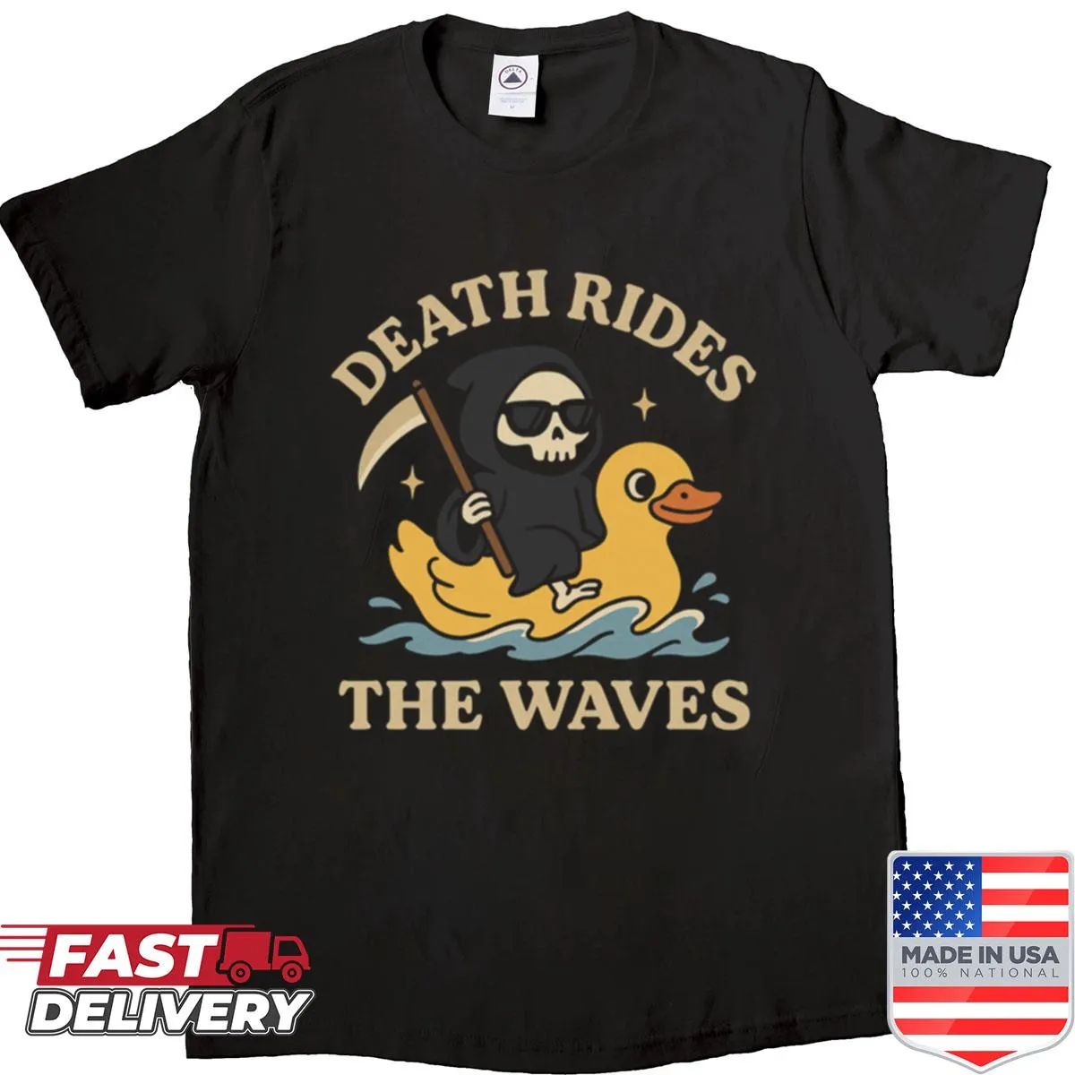 Boxy t-shirt with Halloween-theme graphic combining surf and spooky elements.