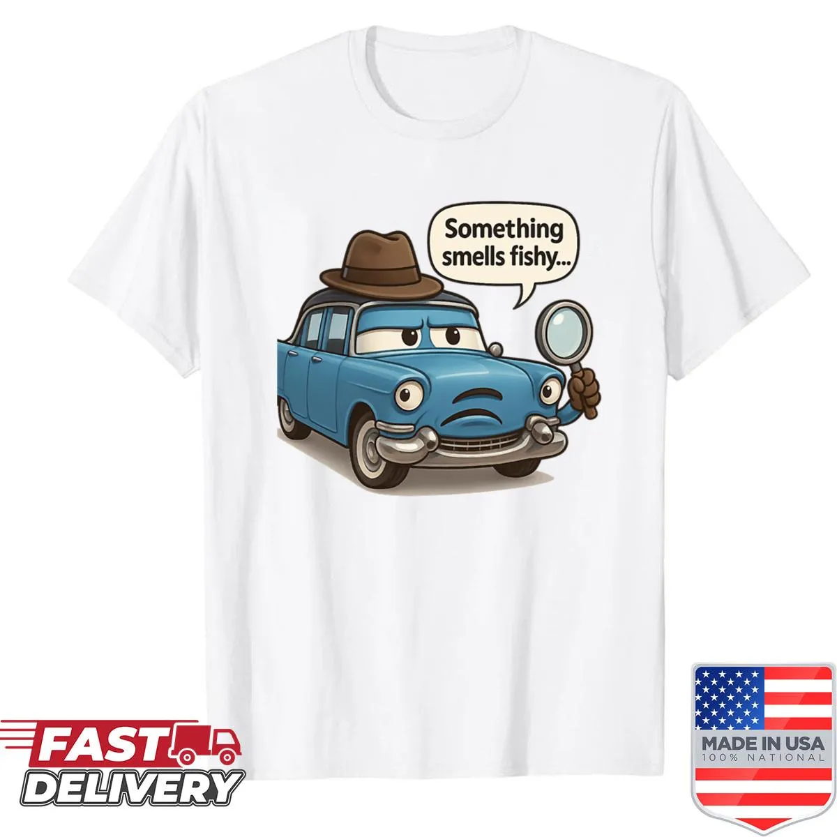 Cartoon Cadillac design with a magnifying glass, funny mystery theme shirt