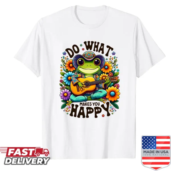 Frog playing guitar in retro hippie style shirt design