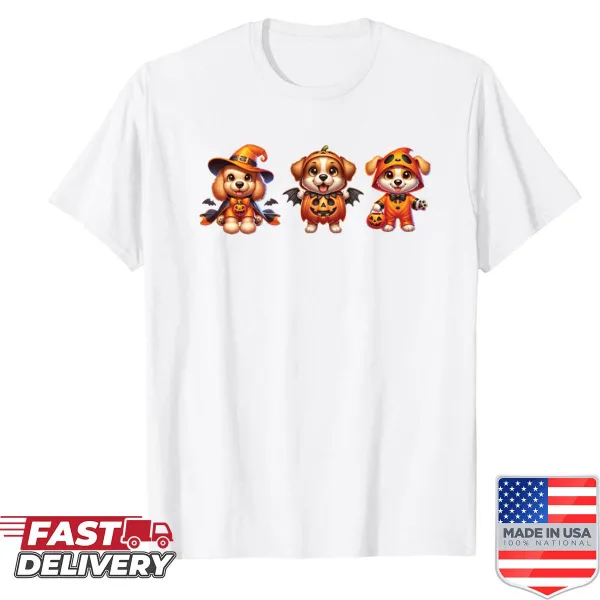 Whimsical Halloween-themed shirt featuring playful dog graphics