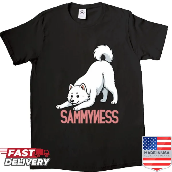 Funny yoga shirt featuring a Samoyed dog in a playful pose