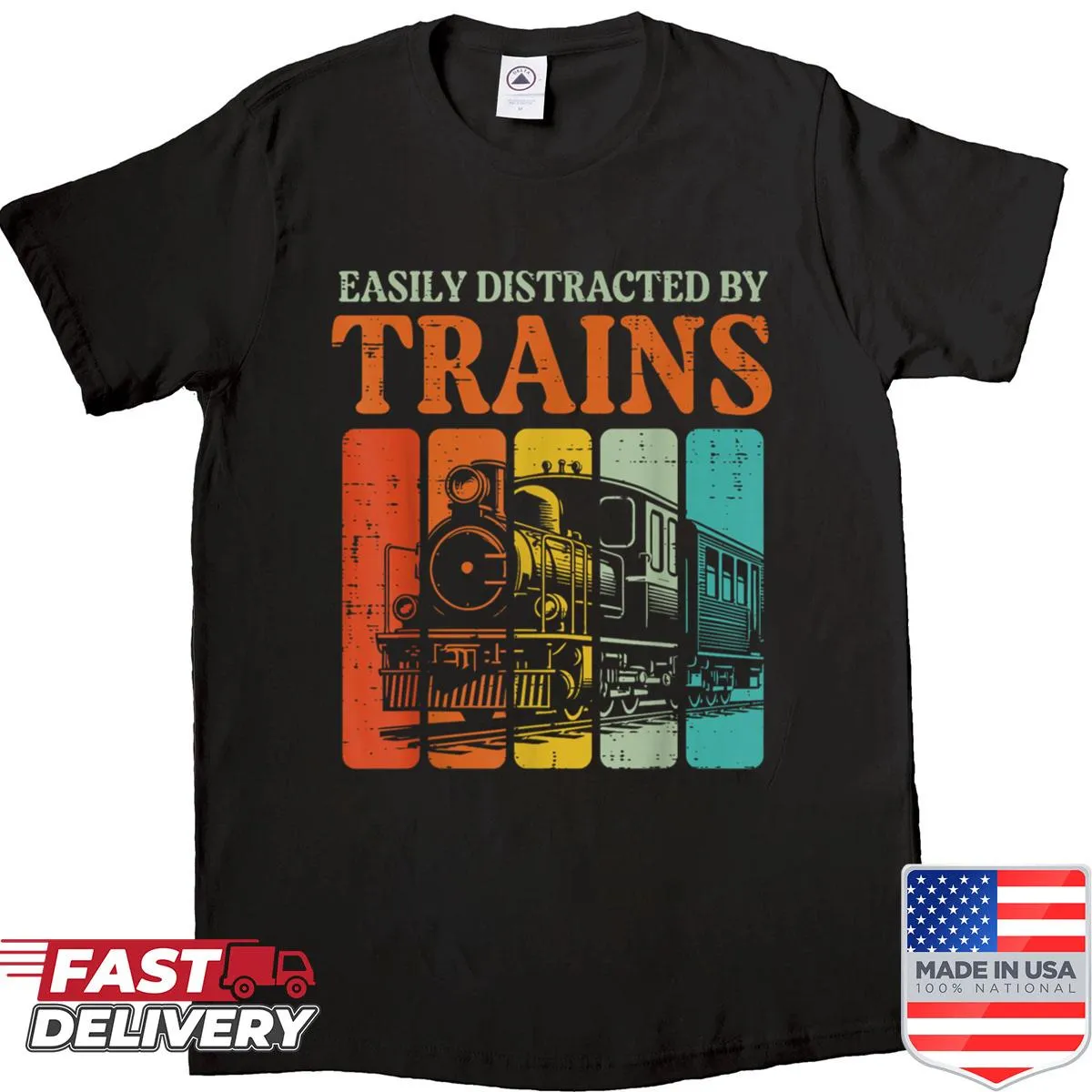 Funny shirt with text Easily Distracted By Trains
