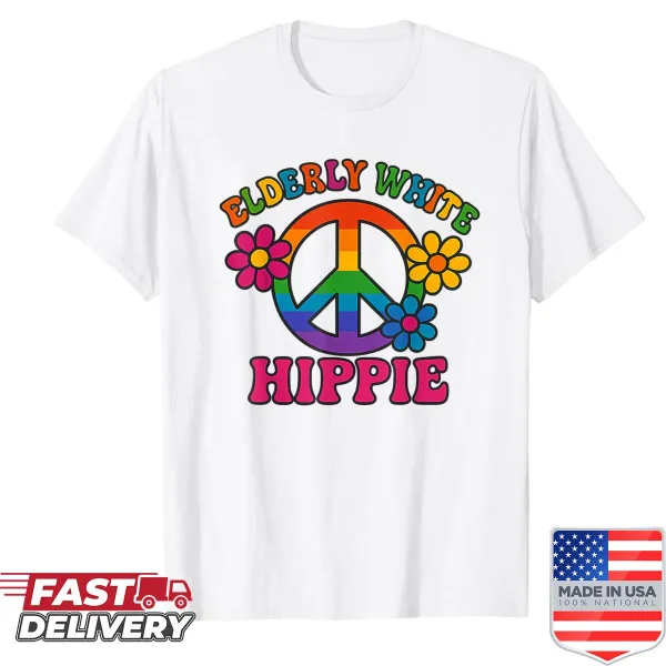 Retro rainbow peace sign with flowers graphic on a trendy shirt