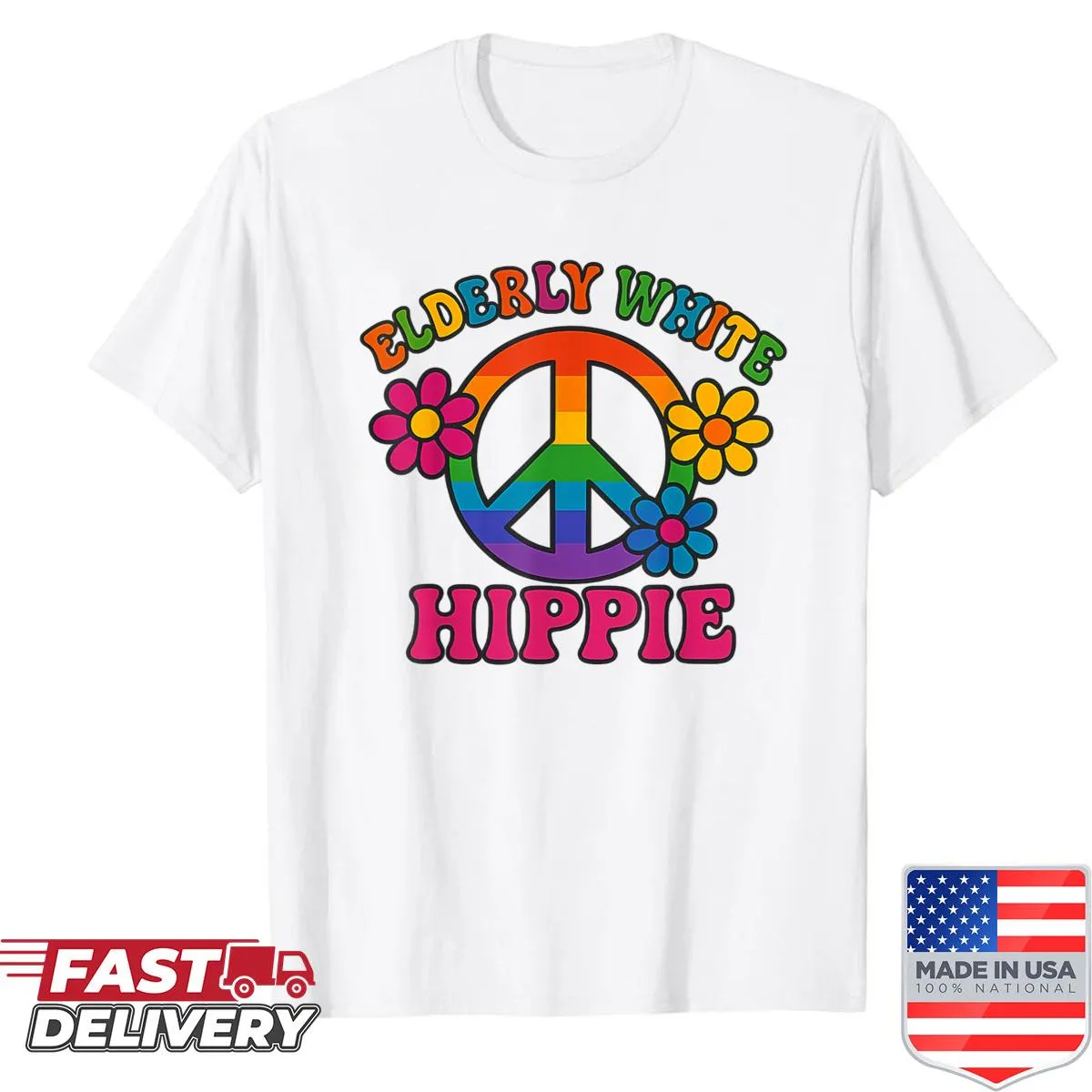 Retro rainbow peace sign with flowers graphic on a trendy shirt