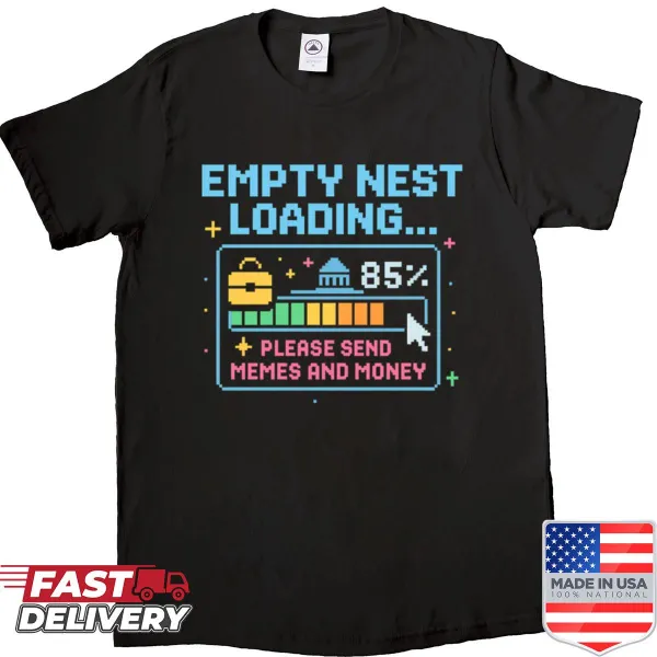 Funny retro t-shirt with 'Empty Nest Loading' in pixel art