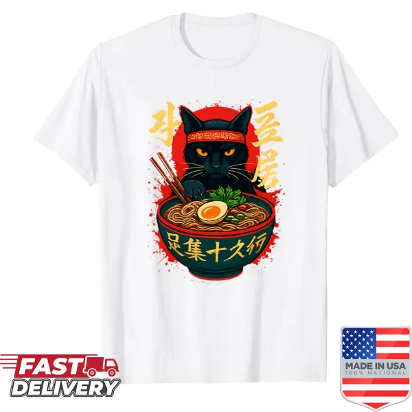 Black cat in a ramen bowl shirt design