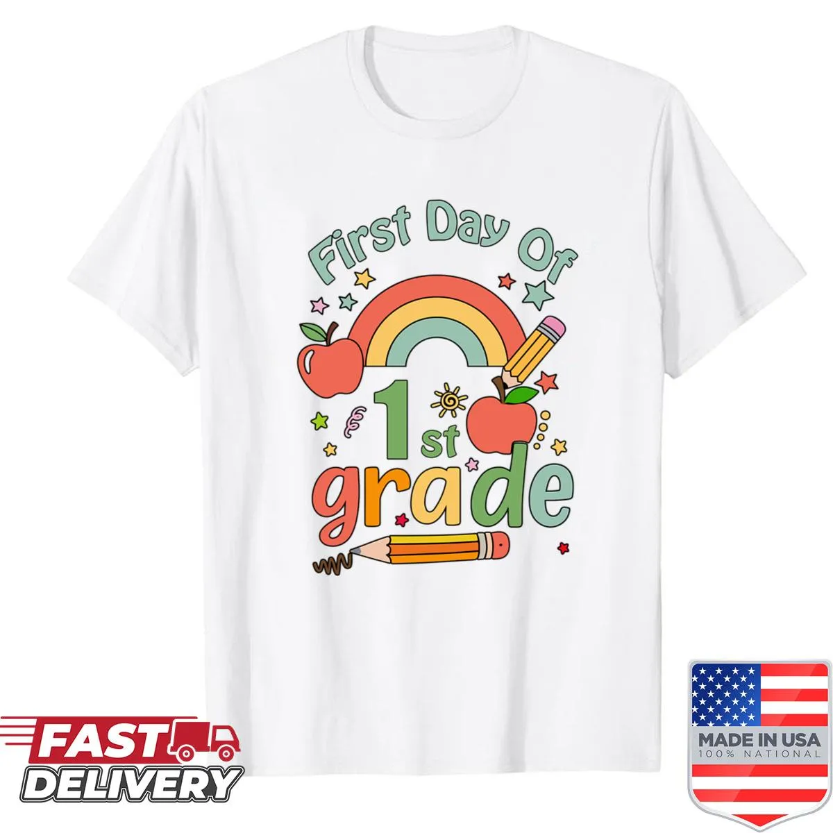 Oversized back-to-school shirt with playful illustrations for teachers and students