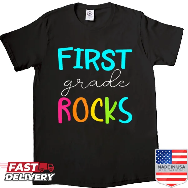 Oversized shirt with text First Grade Rocks for teachers