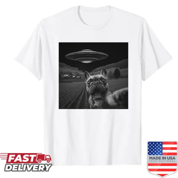 Cartoon shirt featuring a French Bulldog in a UFO design for dog lovers.