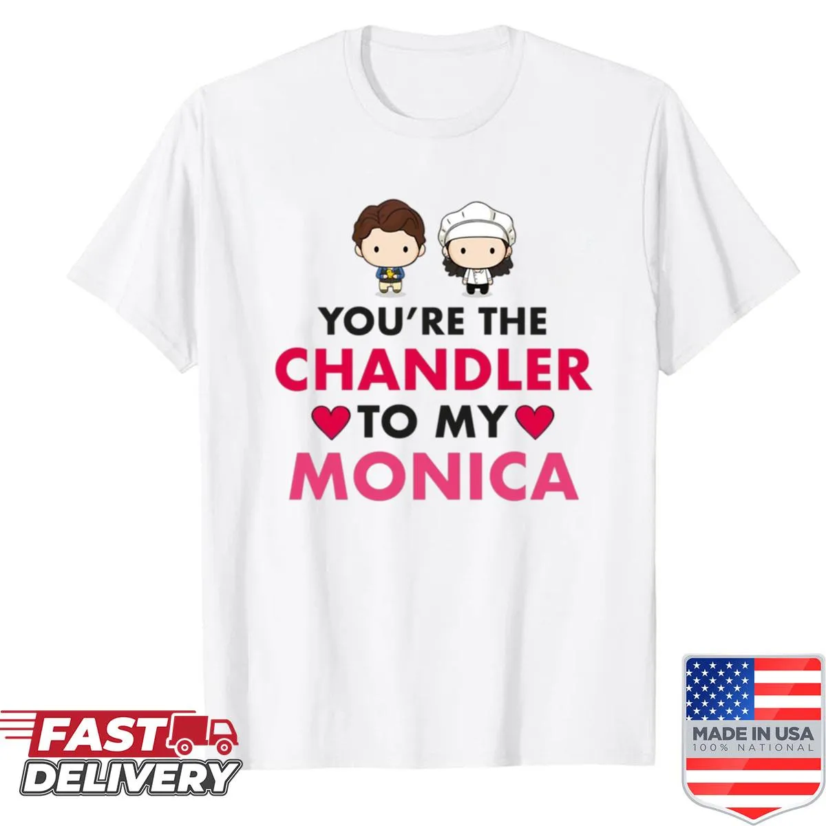 Illustrated graphic of Chandler and Monica on cute shirt