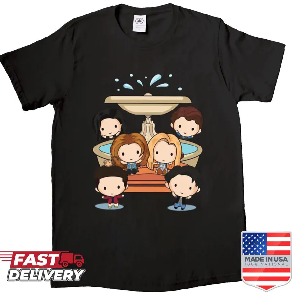 Chibi cartoon art of Friends TV fountain on oversized shirt
