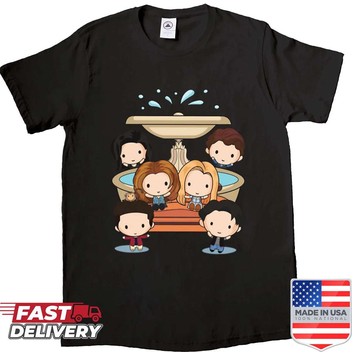 Chibi cartoon art of Friends TV fountain on oversized shirt
