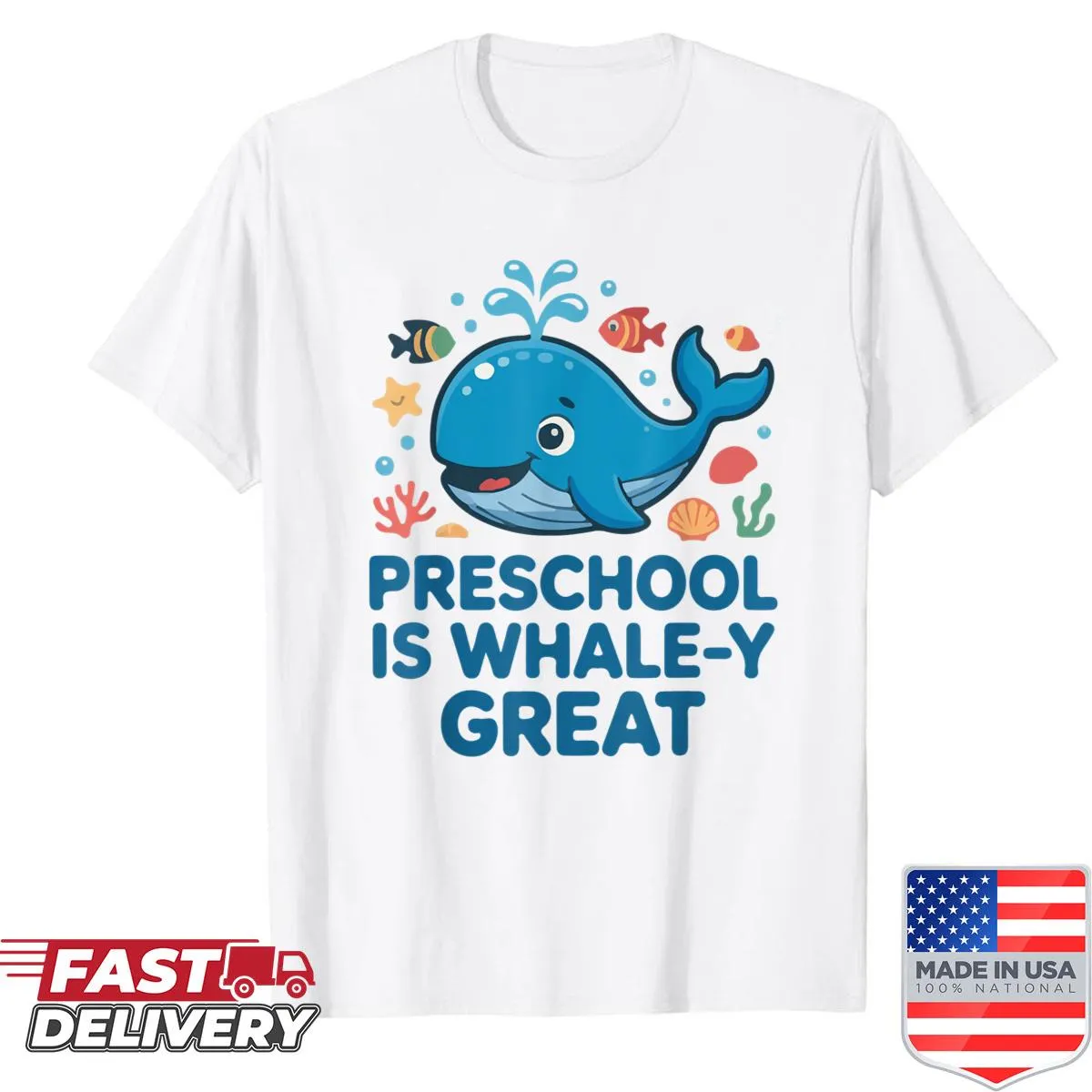 Humorous back-to-school shirt with a whale pun for preschoolers