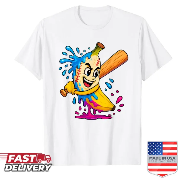 Cartoon banana in baseball uniform with ice cream drip on a t-shirt