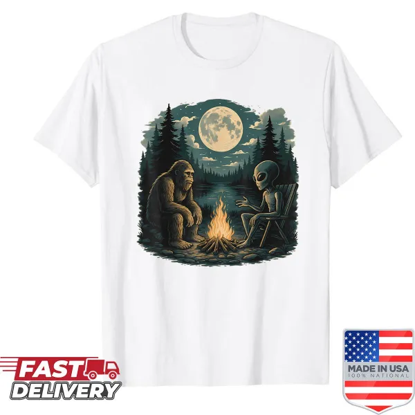 Humorous camping shirt featuring Bigfoot and aliens in a playful design.