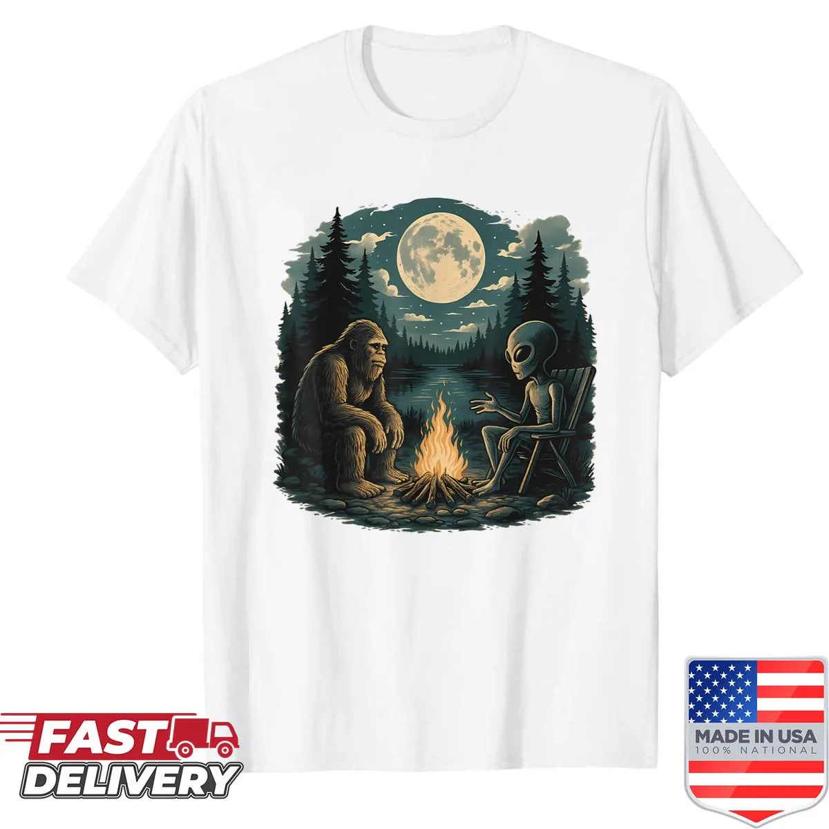 Humorous camping shirt featuring Bigfoot and aliens in a playful design.