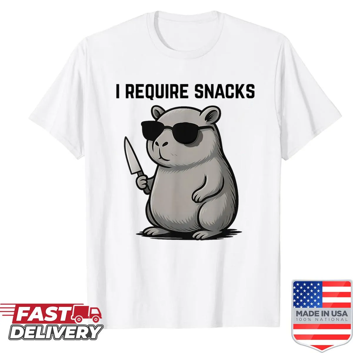 Cute capybara humor T-shirt with snack-themed text