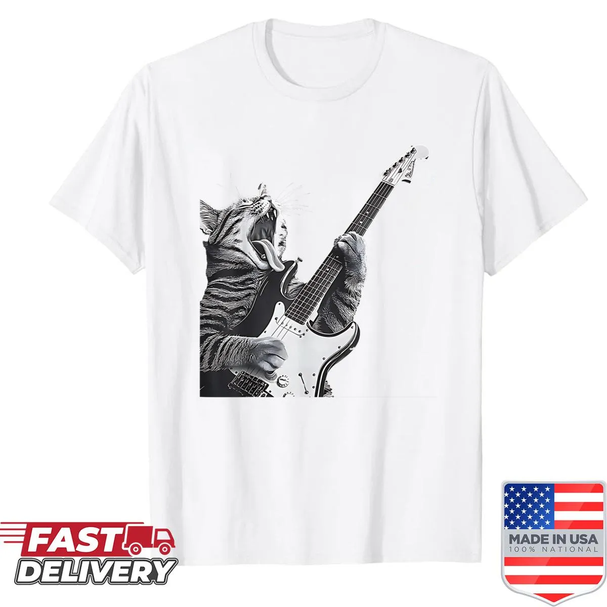 Cartoon cat playing guitar graphic T-shirt for music lovers