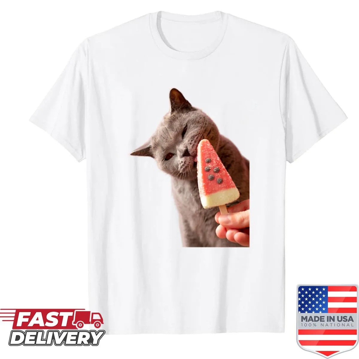 Oversized shirt with cute cat enjoying watermelon ice cream