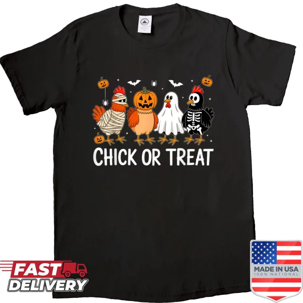 Cartoon chicken Halloween shirt with a pumpkin and 'Chick or Treat' text.