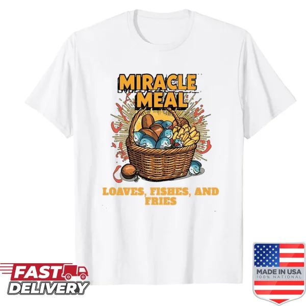 Shirt featuring humorous design of loaves, fishes, and fries
