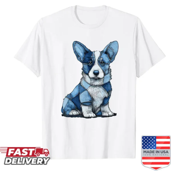 Vintage graphic shirt featuring a playful corgi in patchwork style.