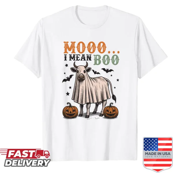 Playful ghost cow illustration on a Halloween T-shirt