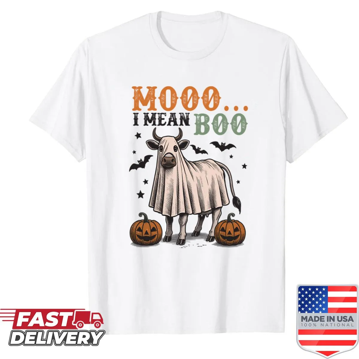 Playful ghost cow illustration on a Halloween T-shirt