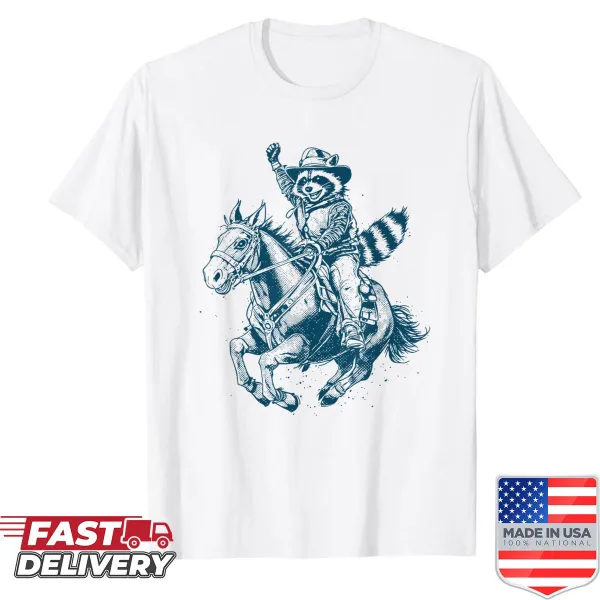 Cartoon raccoon cowboy graphic on a funny T-shirt