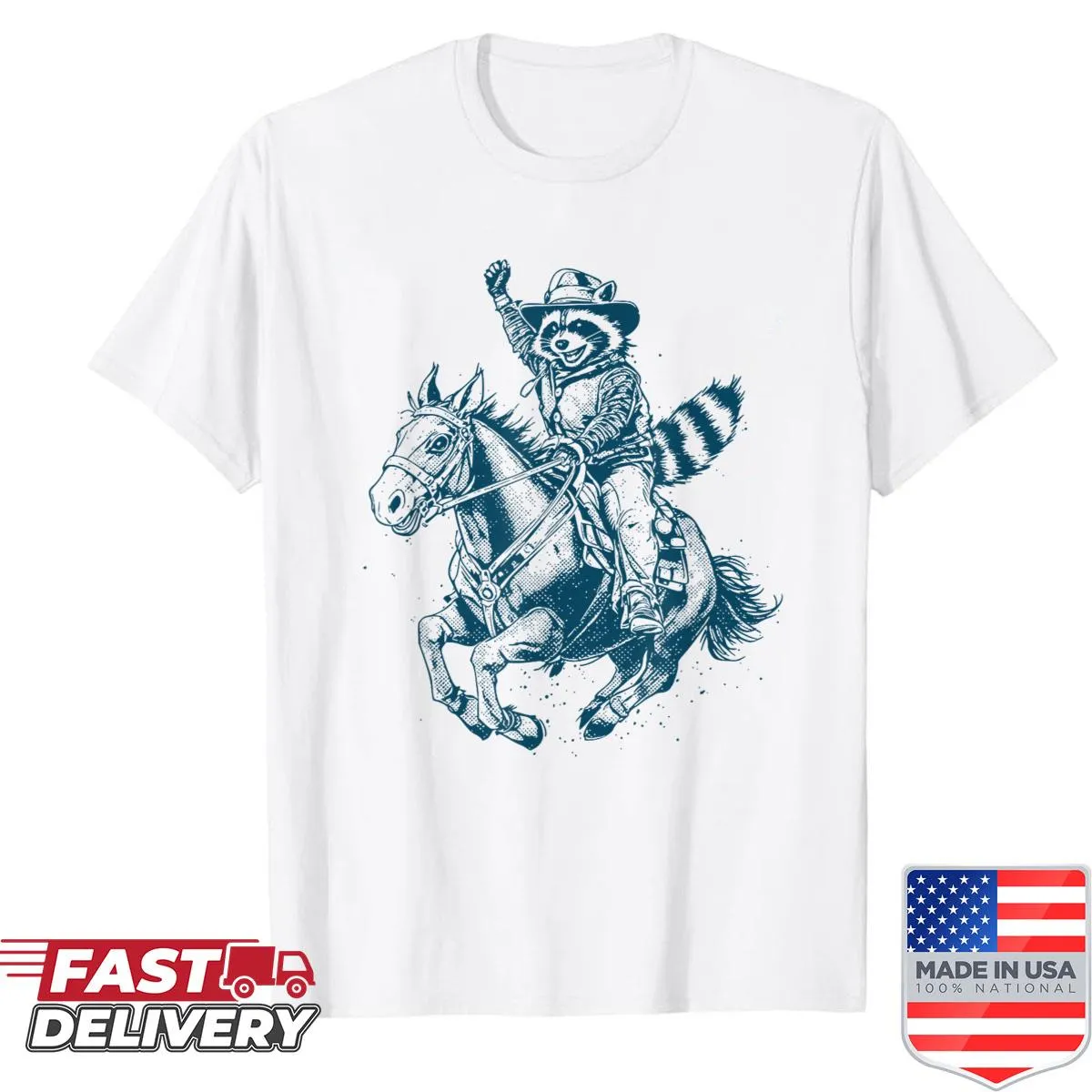 Cartoon raccoon cowboy graphic on a funny T-shirt