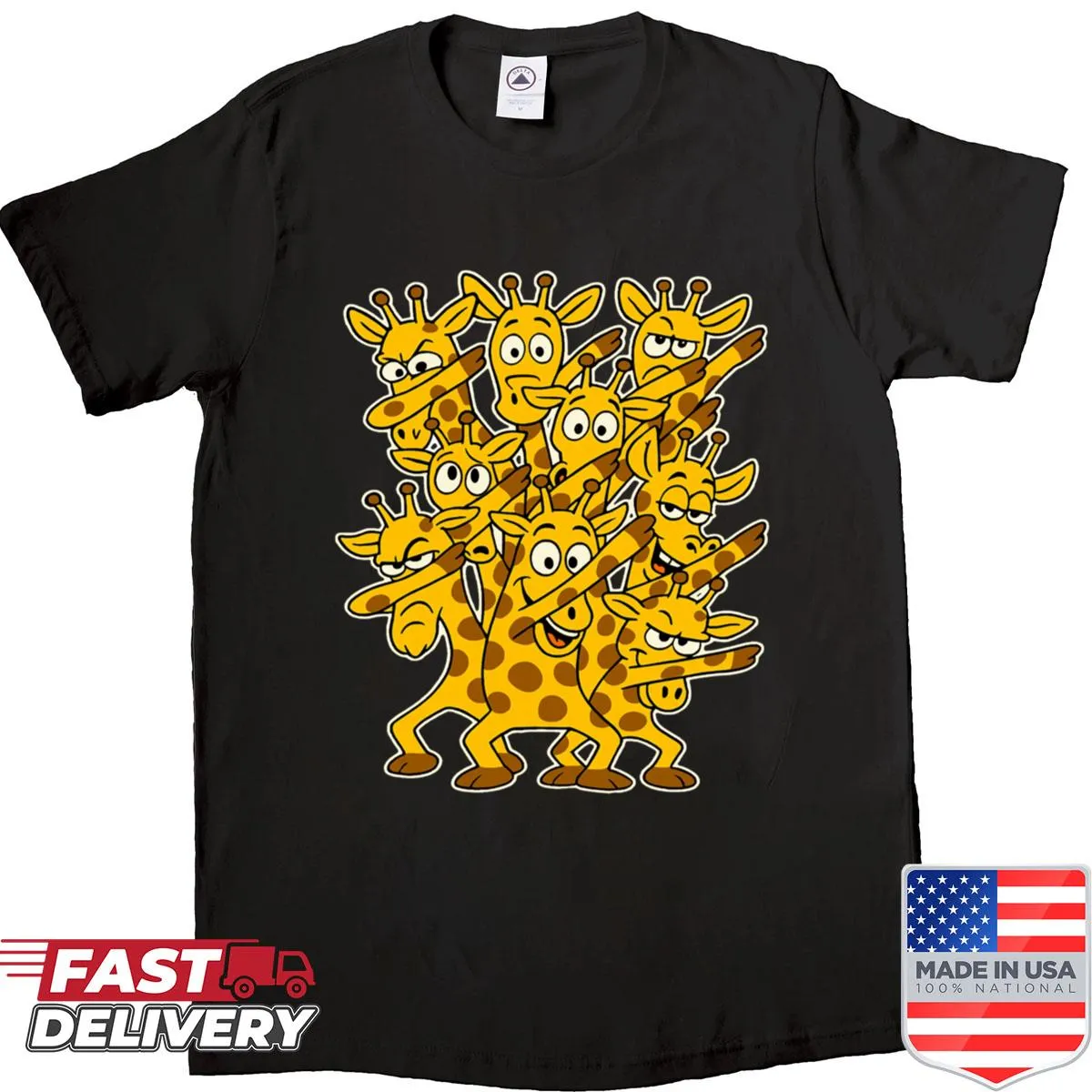 Cartoon giraffe mid-dab in fun dance pose on a shirt