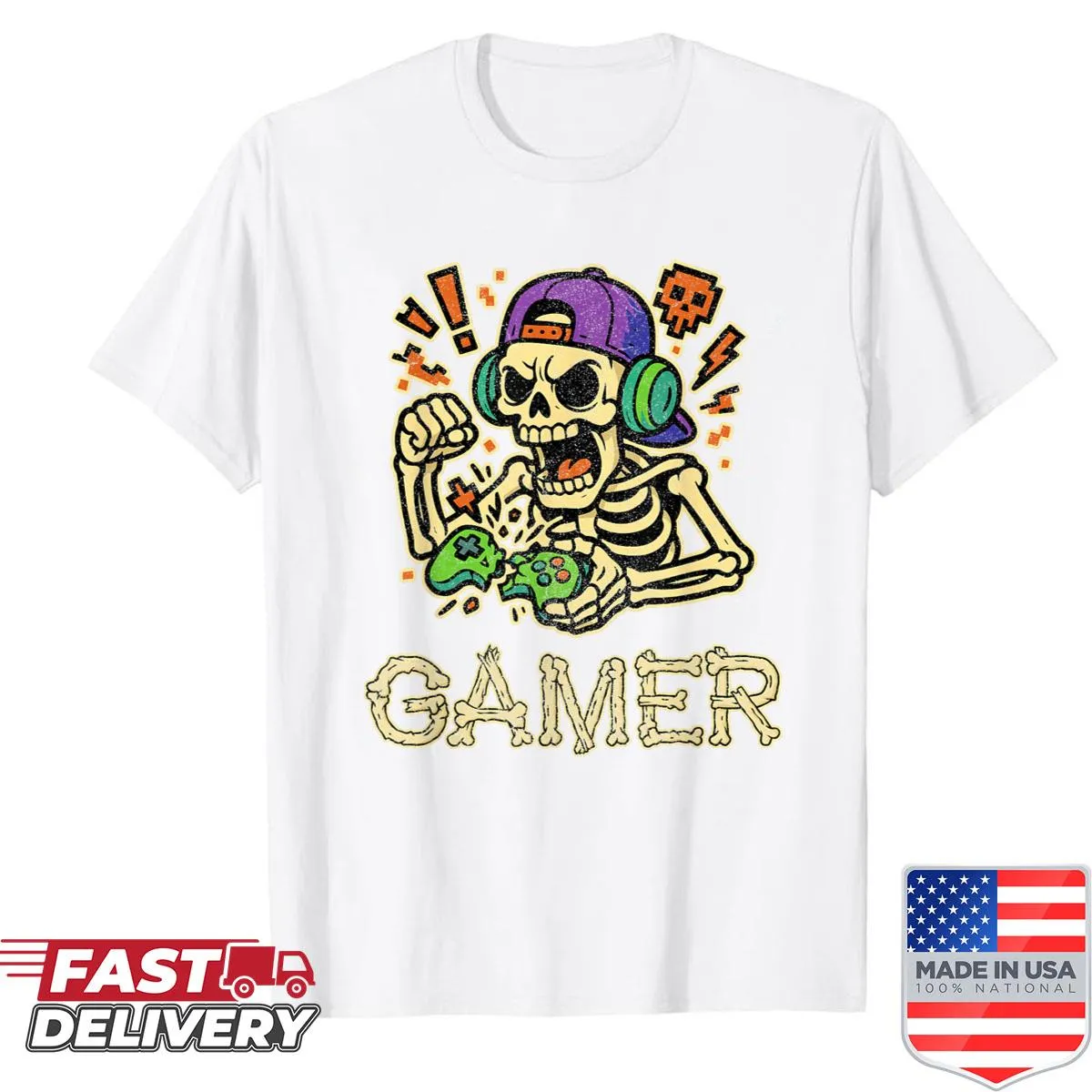 Funny skeleton gamer graphic T-shirt for teen boys