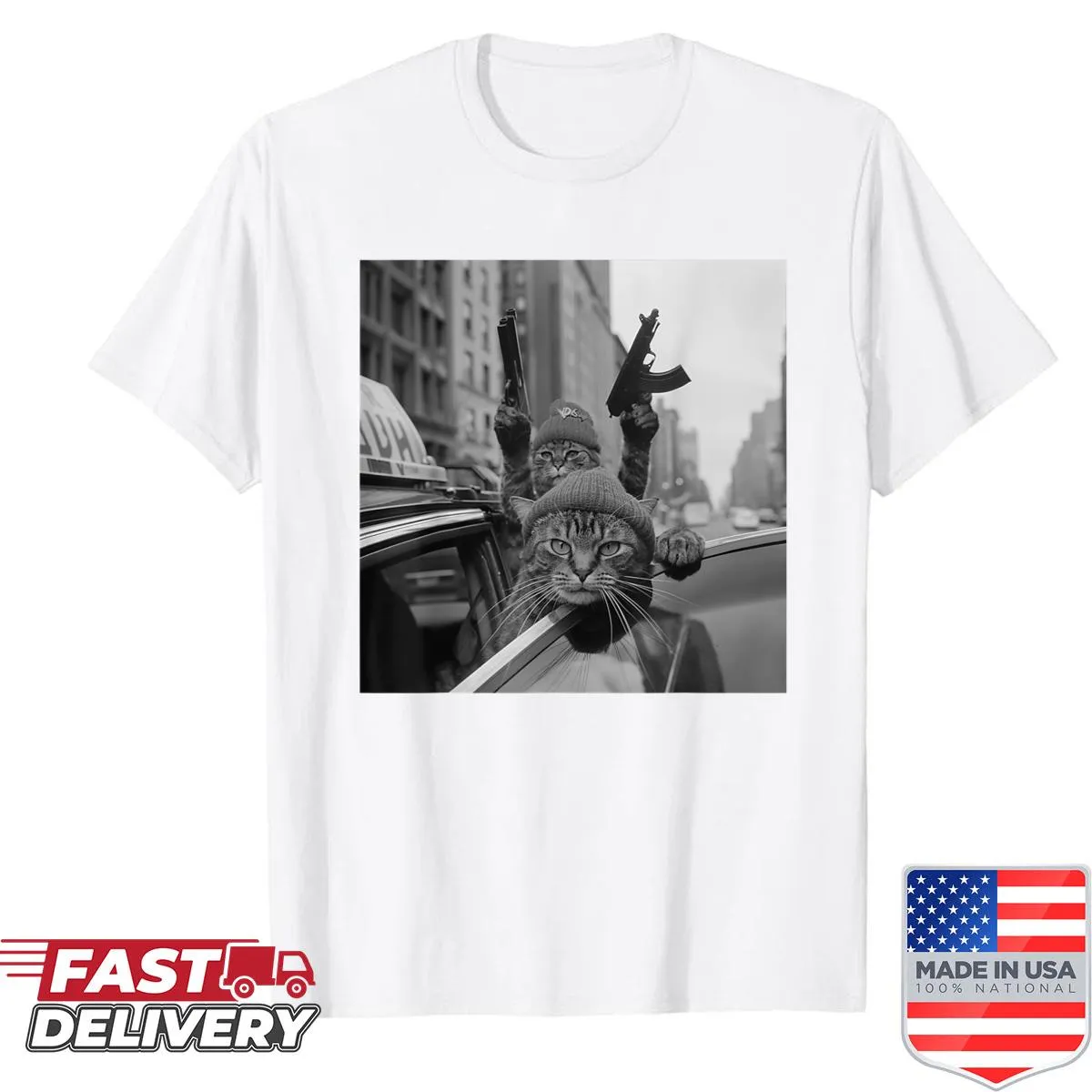 Cartoon gangster cat graphic on a humorous T-shirt