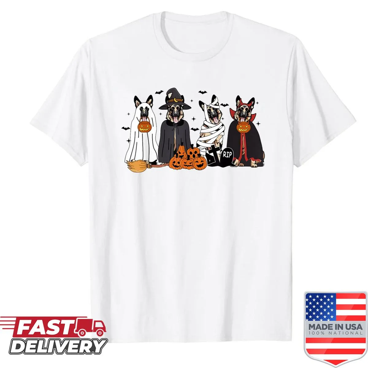 Shirt featuring cartoon German Shepherds dressed as ghosts for Halloween.