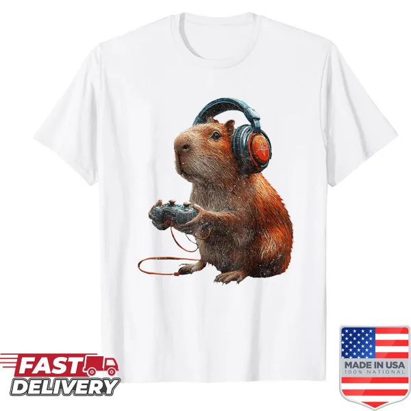 Capybara character gaming in funny graphic on shirt