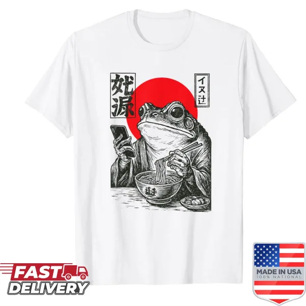Grumpy frog eating ramen and on phone graphic T-shirt