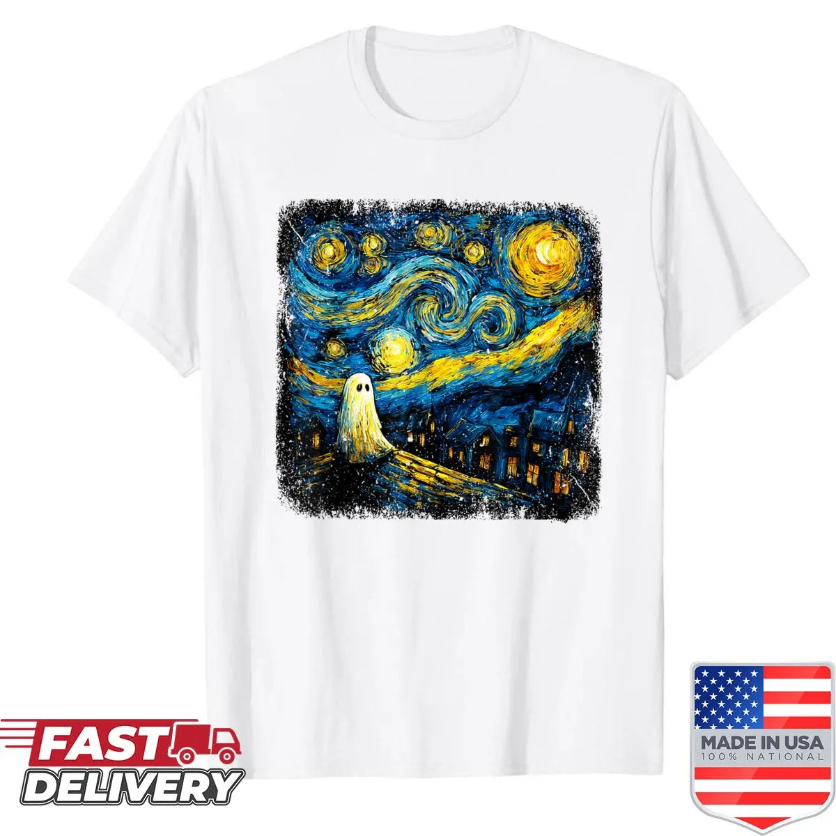 Ghost sheet Halloween shirt with starry night design