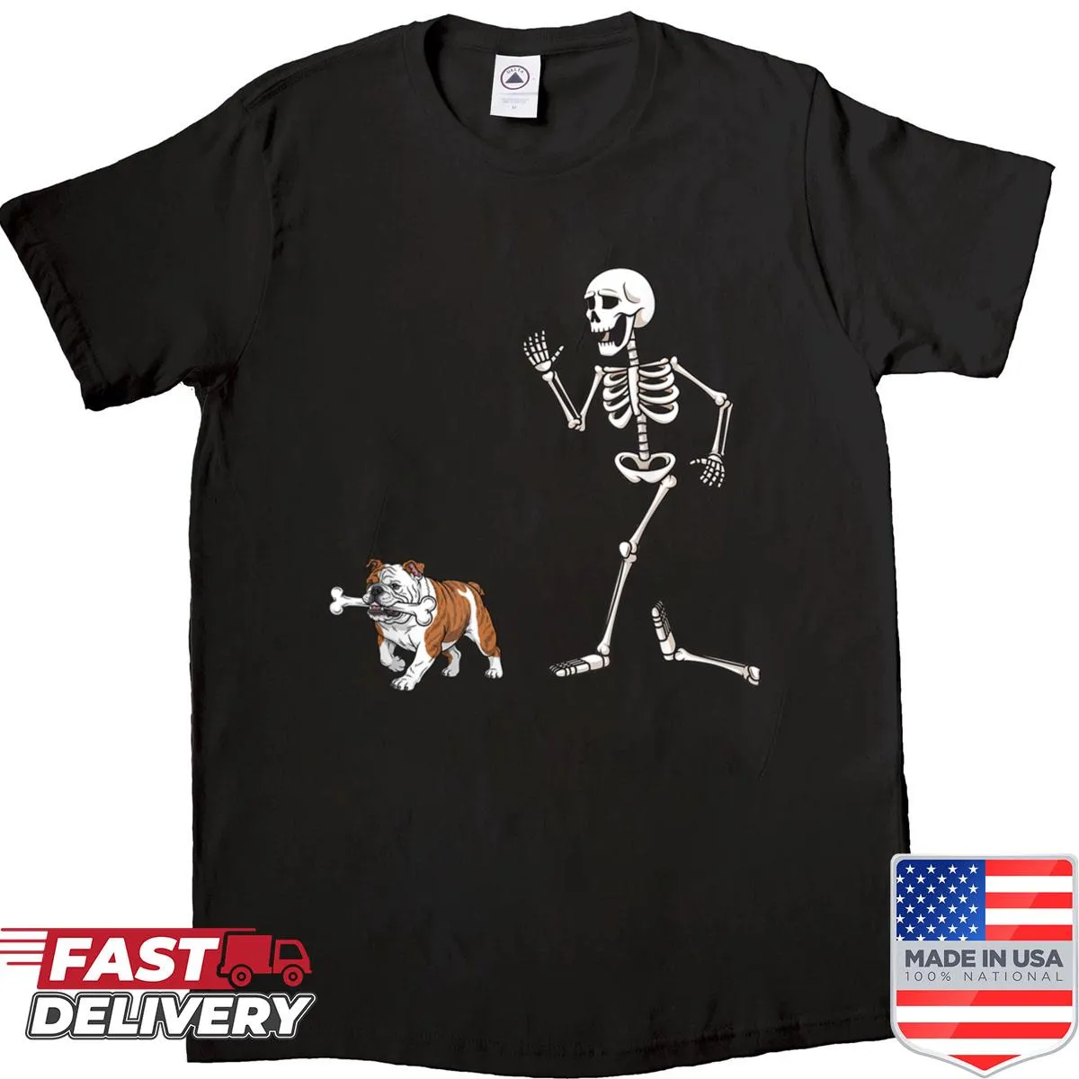 Funny Halloween shirt with bulldog and skeleton illustration