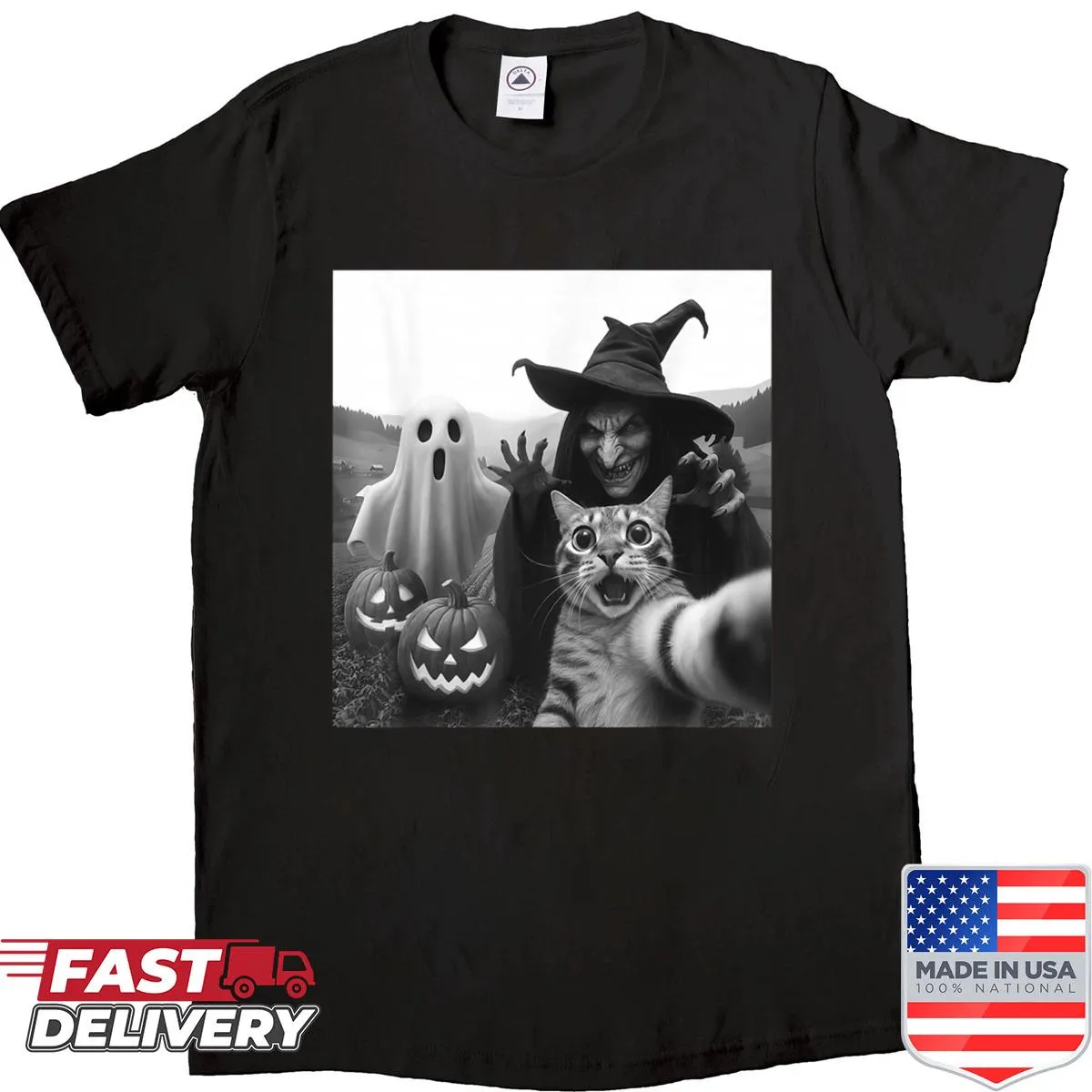 Halloween shirt featuring a cat selfie with ghosts and pumpkins