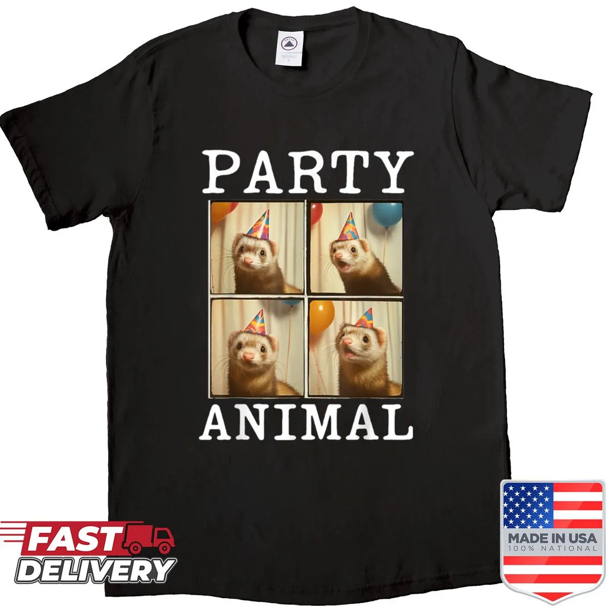 Party-themed shirt featuring a ferret in a party hat.
