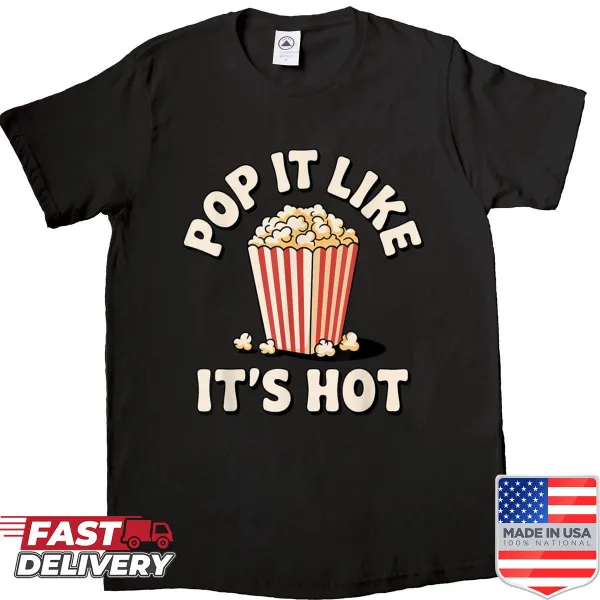 Humorous popcorn-themed shirt with playful illustrations.