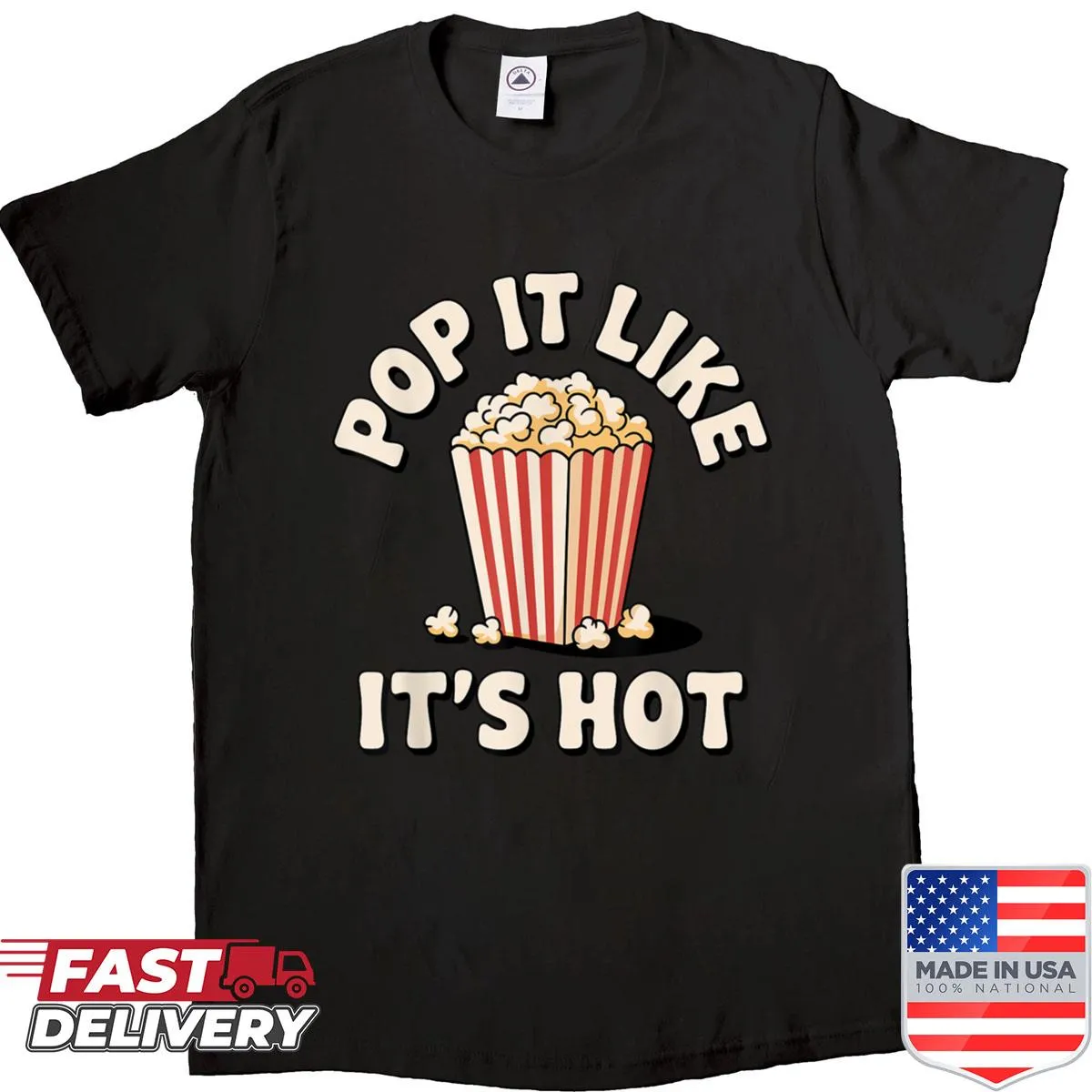 Humorous popcorn-themed shirt with playful illustrations.