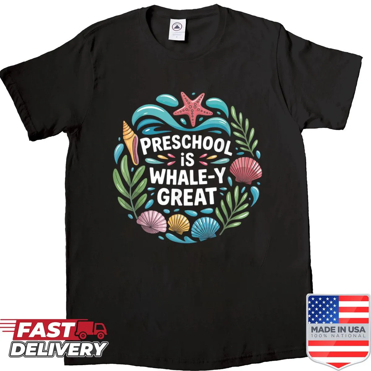 Whale-themed teacher shirt with humorous text about preschool.