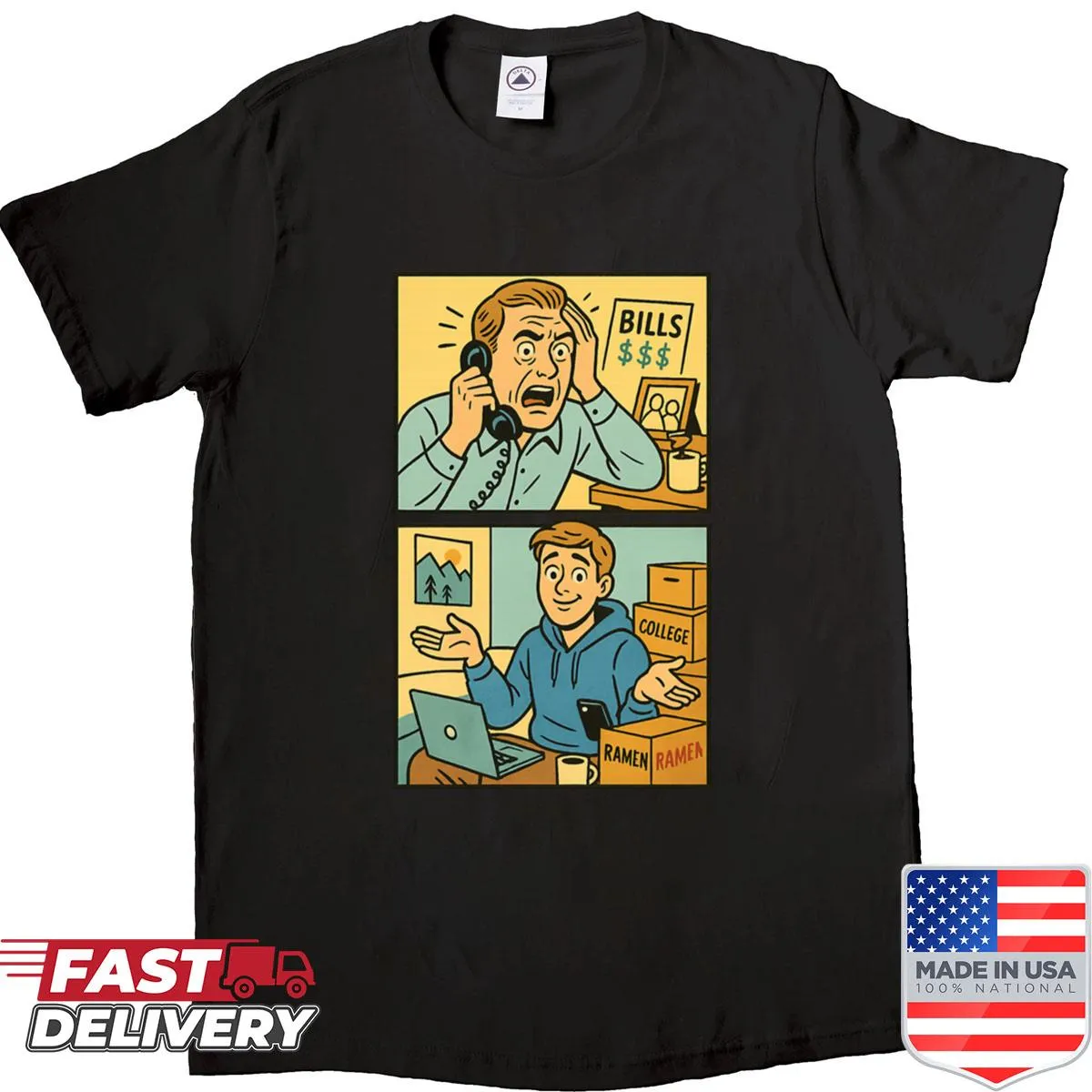 Funny retro comic college bills vs ramen t-shirt