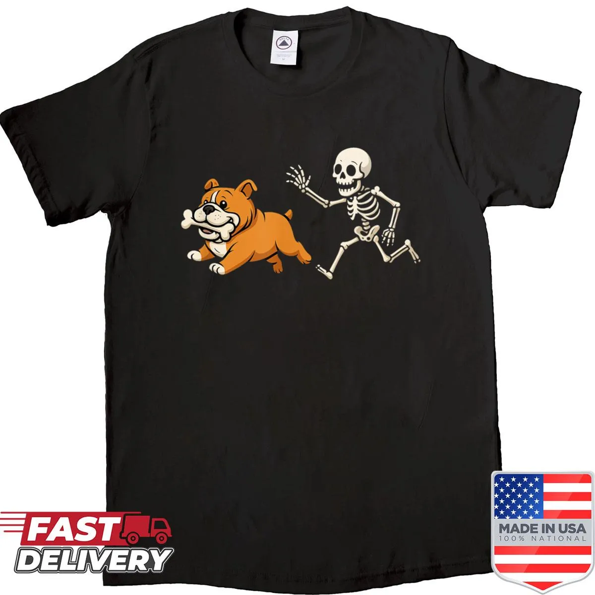 Skeleton bulldog illustration with 'Dog Mom' text for Halloween.