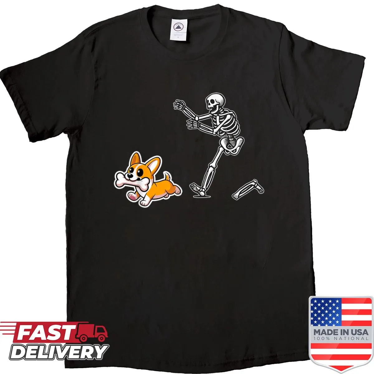 Halloween shirt with funny skeleton chasing a corgi design