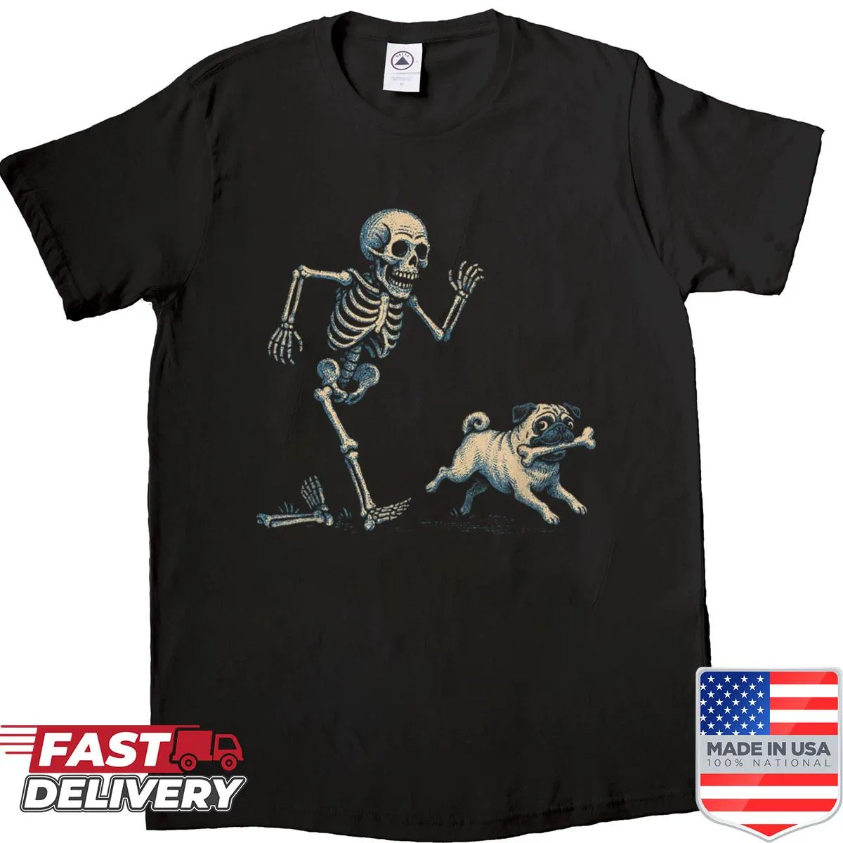 Cartoon skeleton chasing a pug design on a Halloween shirt