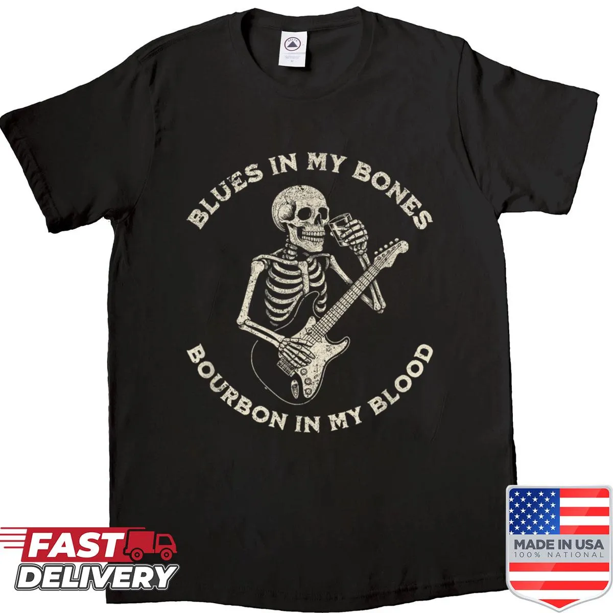 Whimsical skeleton playing guitar, themed for music and whiskey lovers