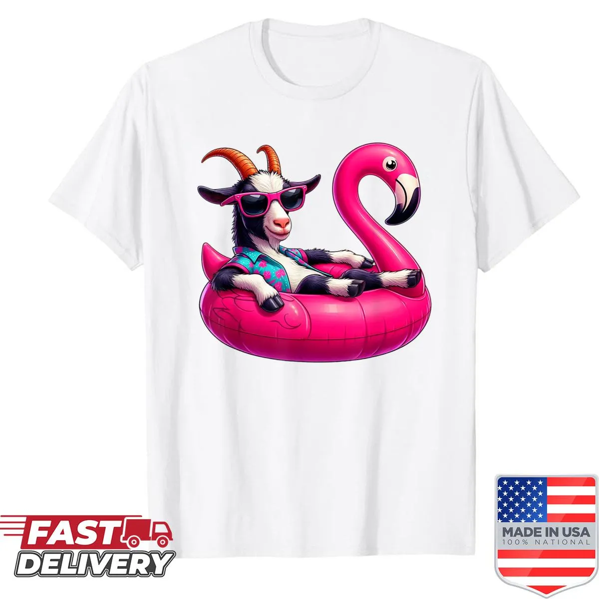 Shirt with cartoon goat enjoying a summer pool party