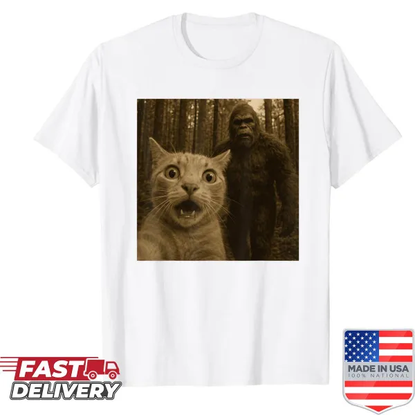 Cat selfie with Sasquatsch graphic T-shirt